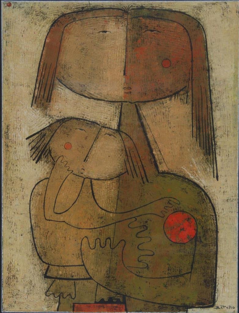 ANGEL BOTELLO (1913-1986) LITHOGRAPH: Angel Botello (1913-1986) listed Spanish/Puerto Rican artist. Small addition lithograph 20/50. Depicting two young girls playing. Signed to lower right Botello. Measures 18" (45.72cm) Width x 27" (68.