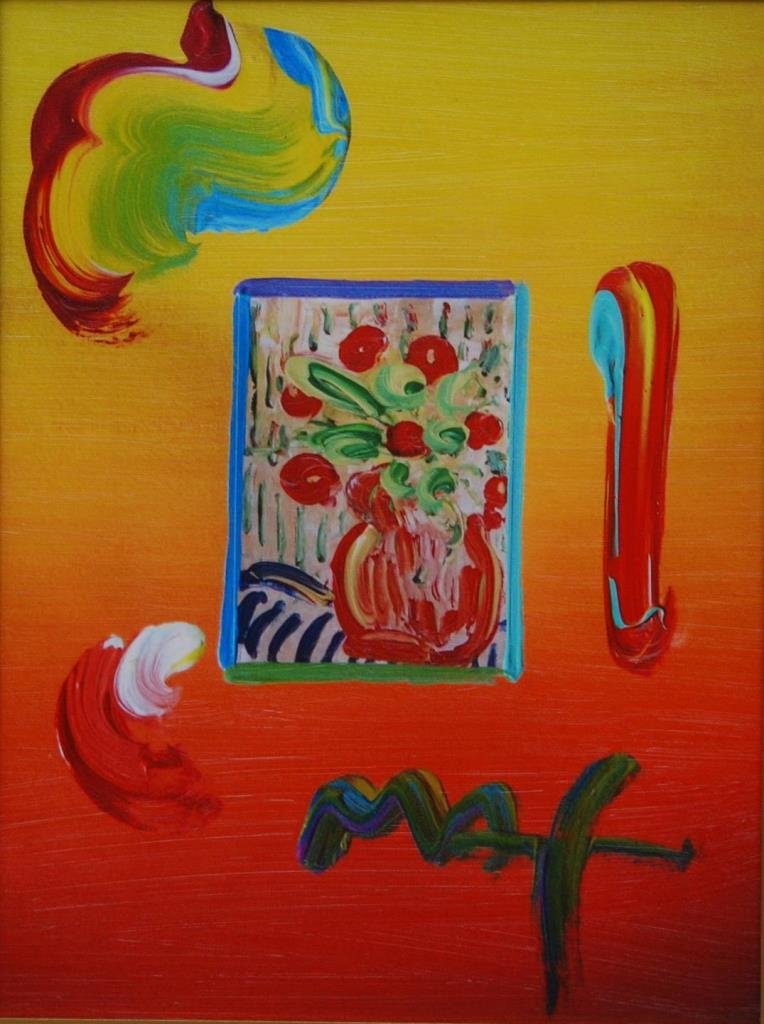 PETER MAX ACRYLIC MIX MEDIA: Signed to lower right "Max". Measures 12" (30.48cm) Width x 16" (40.64cm) Height + 5" mat and frame. Total weight 2.5kg.