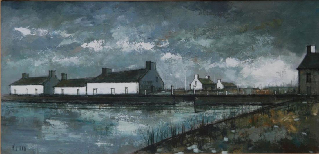 OIL PAINTING OF A DOCK SIGNED GIRARD: Oil painting of a dock signed "Girard". Girard was a student of Bernard Buffet. Mid 20th century. Measures 12 3/4" (32.38cm) Height x 28 3/4" (73.02cm) Width + 5" mat and frame. Total weight 5lbs.