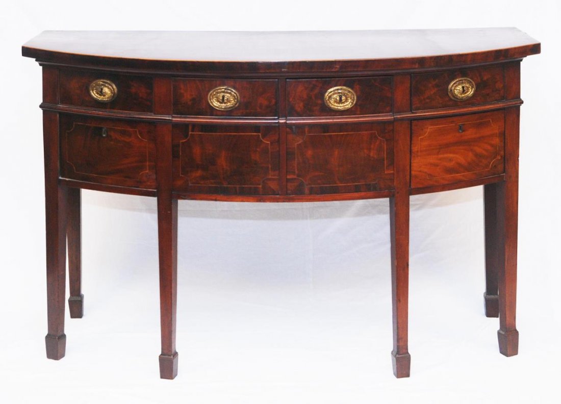 19TH CENTURY MAHOGANY SIDEBOARD HEPPLEWHITE STYLE: 19TH CENTURY MAHOGANY SIDEBOARD HEPPLEWHITE STYLE Measures 56-1/2" wide (143.51cm) x 24" deep (60.96cm) x 36" tall (91.44cm). All original hardware. Circa 1870's.