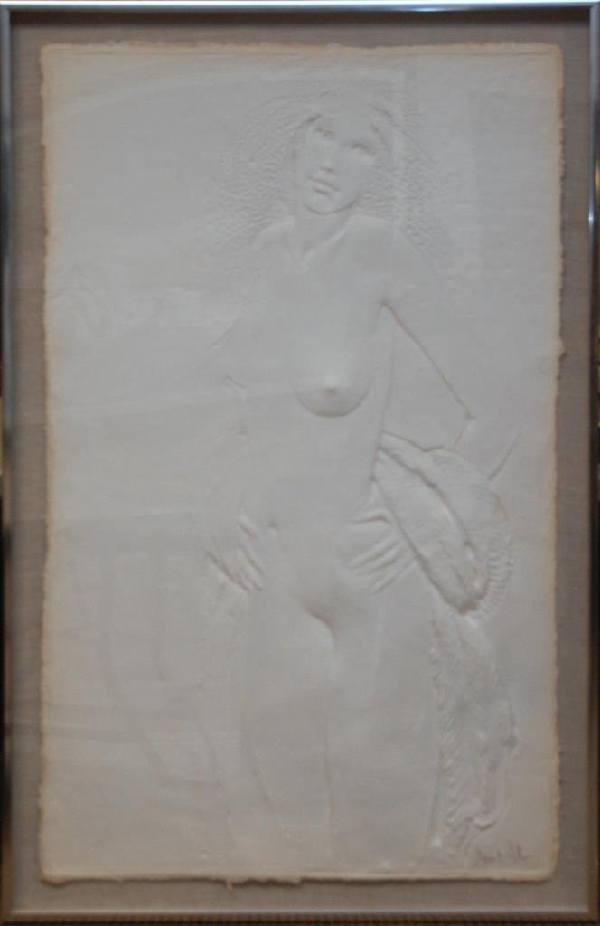 FRANK GALLO AMERICAN 1933 CAST PAPER NUDE: Female nude circa 1978 in cast paper. Pencil signed lower right. From a Palm Beach gentleman's Estate. Frame measures 55" (139.7cm) Height x 32" (81.28cm) Length. Total approx. weight 60lbs.