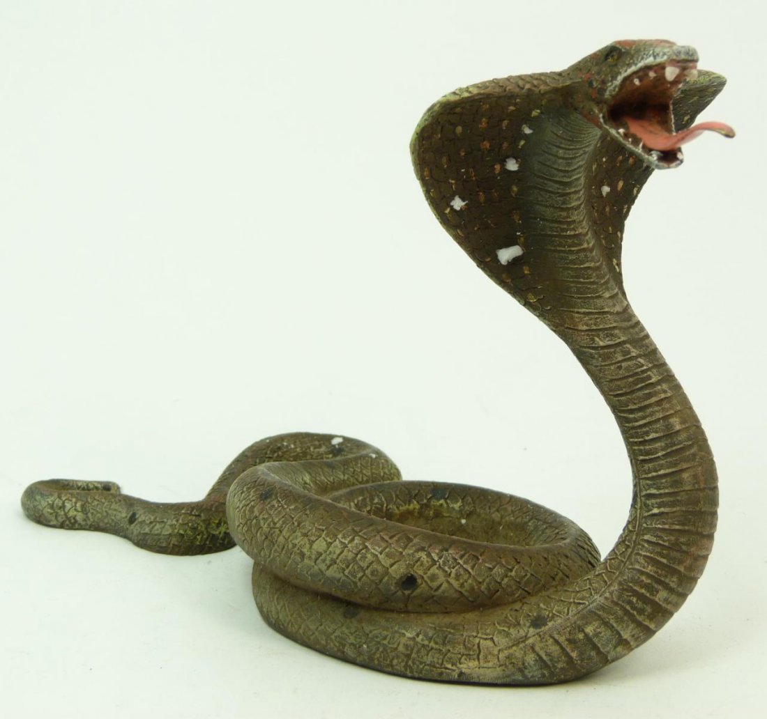 VIENNA STYLE BRONZE KING COBRA POCKET WATCH HOLDER: Large, cold painted, Vienna style bronze king cobra pocket watch holder. Measures 7" (17.78cm) Length x 5" (12.7cm) Height. Total weight 1.2kg.