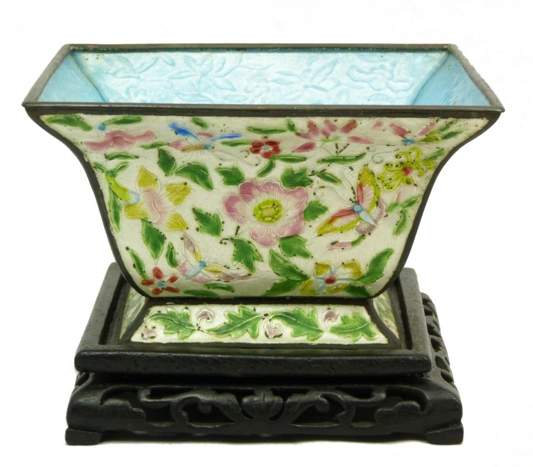 VINTAGE CHINESE ENAMEL FLOWER POT w/ORIGINAL STAND: Vintage Chinese flower pot with beautifully enamel and butterfly design on inside and outside. Comes with original stand. Early to mid 20th century. Measures 3" (7.62cm) Height x 5 1/4" (13.34cm) Squa