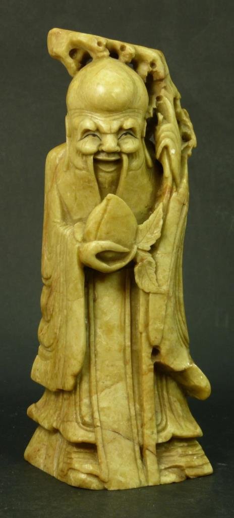 ANTIQUE CHINESE SOAPSTONE LOHAN: Antique Chinese soapstone Lohan figurine. Measures approx 8" (20.32cm) Height. Total approx weight 712g