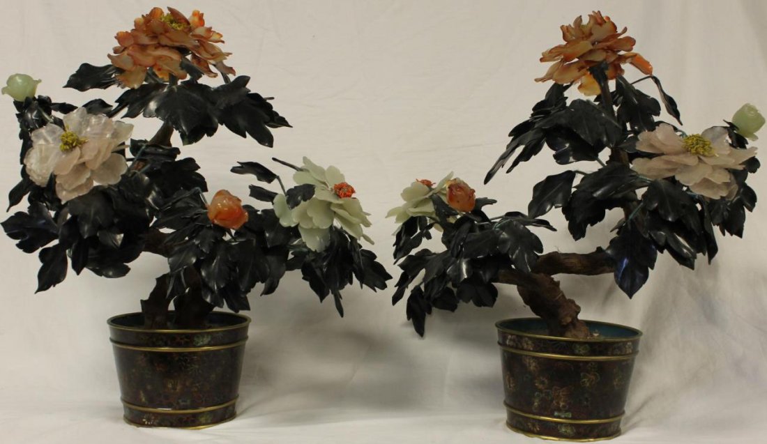 EXTRAORIDIANRY PAIR OF VINTAGE CHINESE JADE TREES: Extraordinary pair of vintage Chinese jade trees consisting of a cloisonne pot with jade carnelian coral and rose quartz. Each tree measures 20" (50.08cm) Height. Total approx weight 12lbs.