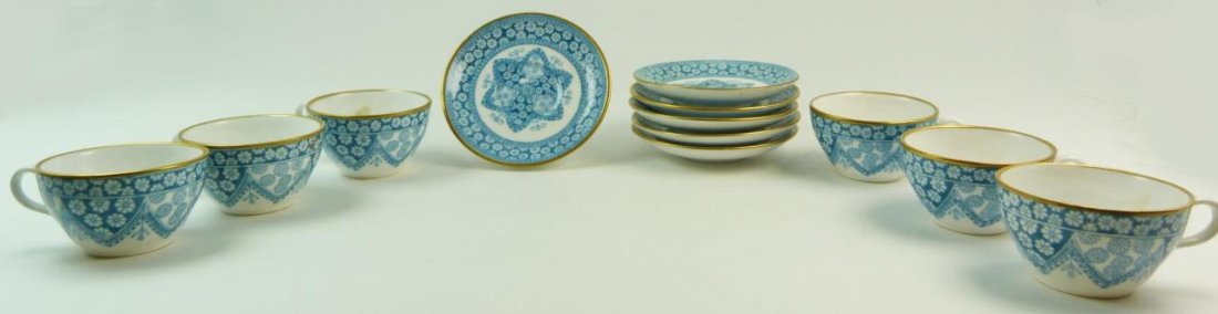 RARE VINTAGE DOLL SPODE CUPS & SAUCER SET OF SIX: Rare vintage doll spode cups and saucer set of six with floral snow flake design in blue over white ground. Miniatures measures approx 1 1/2" (3.81cm). Total approx weight 227g.