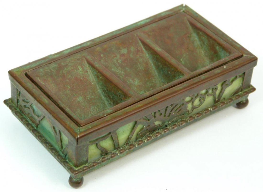 ORIGINAL TIFFANY BRONZE & FAVRILE STAMP BOX: Original Tiffany & Co. Bronze and Favrile antique stamp box. Stamped to base Tiffany Studios New York 47. Circa 1900. Measures approx 4" (10.16cm) Width x 2" (5.08cm) Depth. Total approx weight 226g. 