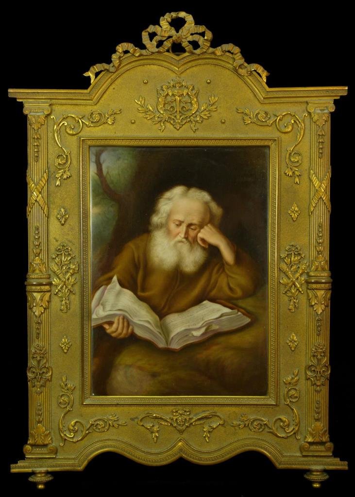 ANTIQUE KPM PLAQUE OF OLD MAN SIGNED WAGNER: Antique German KPM plaque of an old man reading a book featured in an ornate bronze chaise frame. Possibly Socrates. Circa 1890s. Holds the KPM sceptre mark. Signature is faded but does represent in b