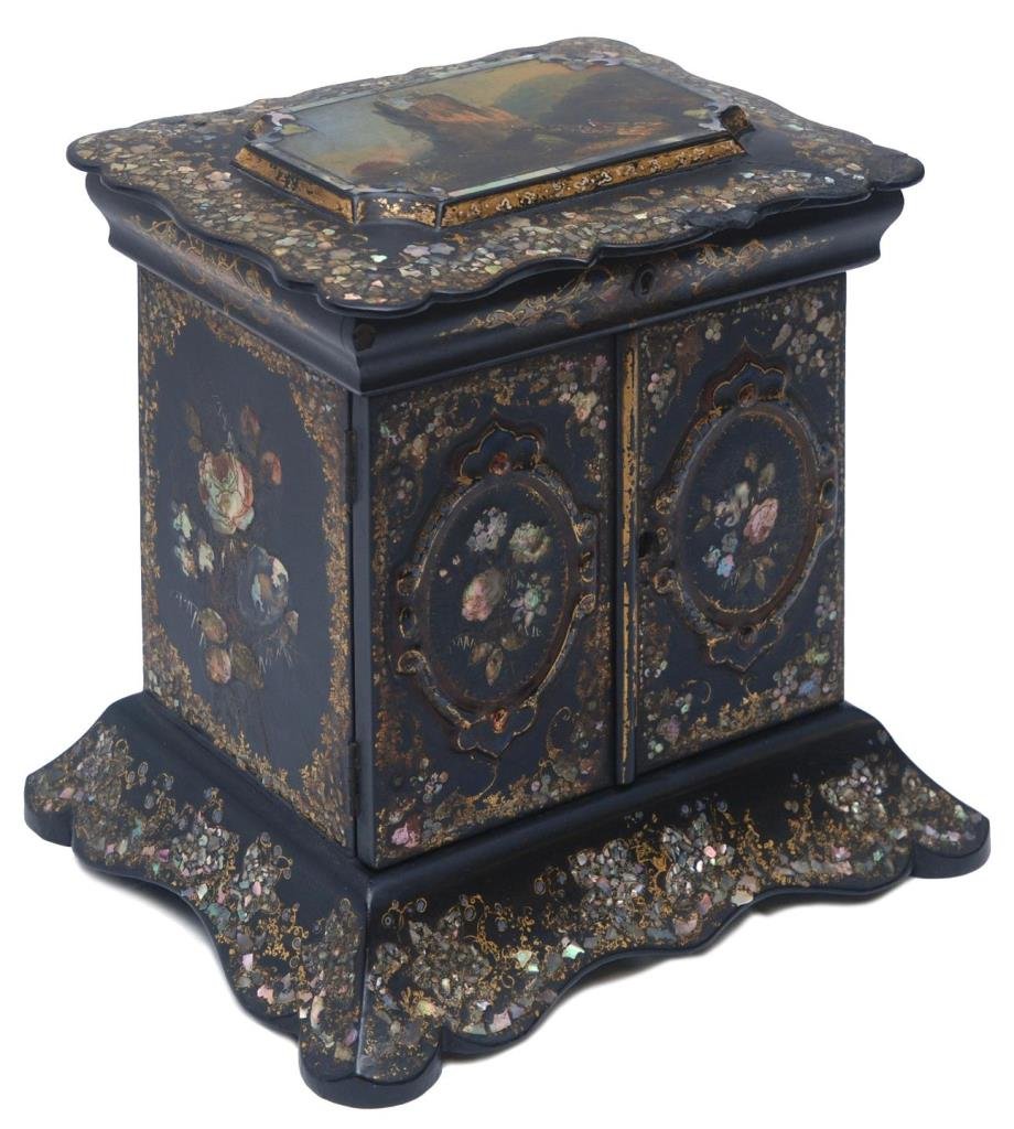 19th CENTURY CHINOISERIE FRENCH JEWELRY BOX: Chinoiserie antique French jewelry box inlaid throughout with mother of pearl and hand painted with floral a design throughout. The top of the jewelry box bears a hand painted image of an ancient Chin
