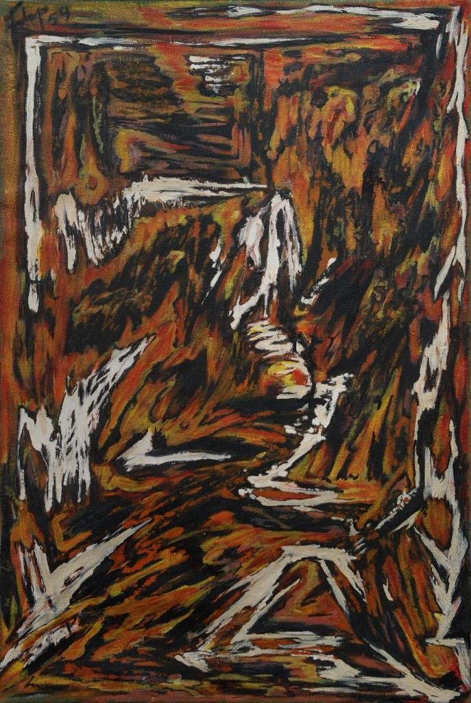 VINTAGE OIL ON BURLAP ABSTRACT DESIGN: Vintage abstract designed oil painting on burlap canvas. Signed illegibly 1959. Measures approx 24" (60.96cm) Width x 35" (88.9cm) Height. Total approx weight 1.8kg.