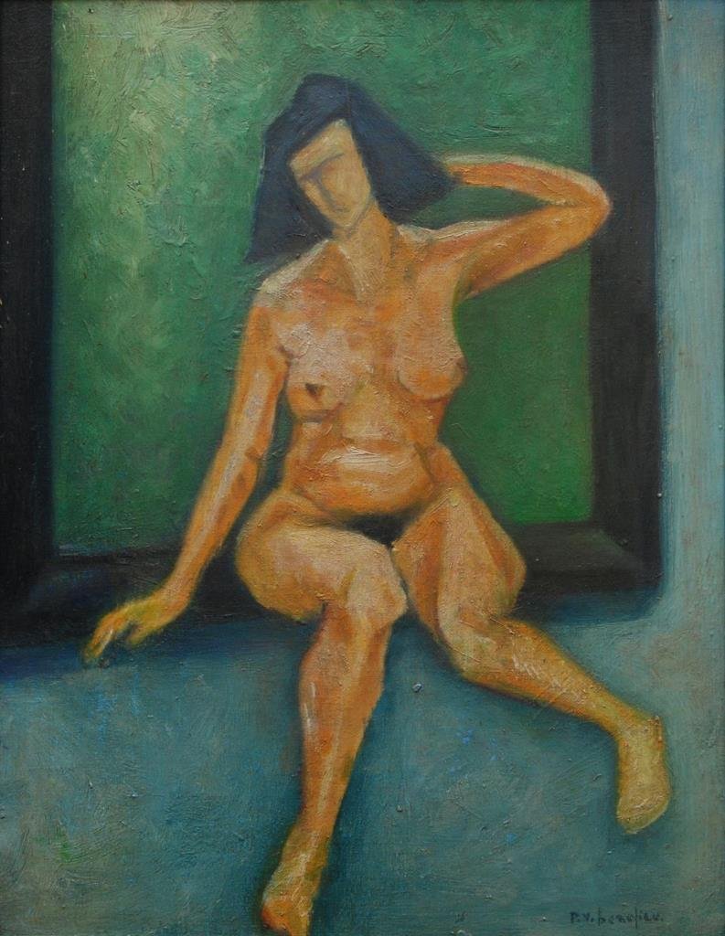 PAUL-VANIER BEAULIEU OIL ON BOARD OF A NUDE: Paul-Vanier Beaulie (Canadian, 1910-1996) depicts a nude woman. Signed to lower right "PV Beaulieu". Measures approx 13 1/2" (34.29cm) Length x 18" (45.72cm) Height +1" frame. Total approx weight 692g