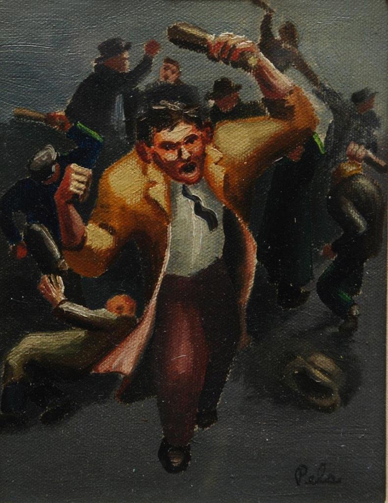 ALBERT PELS (1910-1998) OIL PAINTING OF A RIOT: Albert Pels (American, 1910-1998) oil painting on board depicting a riot involving law enforcement. Measures approx 5" (12.7cm) Length x 7" Height (17.78cm) + 3" ornate frame. Total approx weight 1.5k