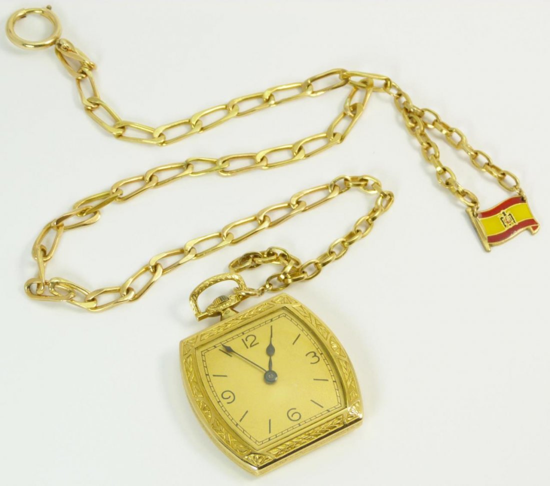 PERSONAL GOLD POCKET WATCH OF THE COUNT DE BOURBON: Personal gold pocket watch of Count Adrian Toati de Suiza de Bourbon. Watch dates from the turn of the century and the crown mark. Has been tested as 18kt yellow gold. Watch comes with a gold filled w