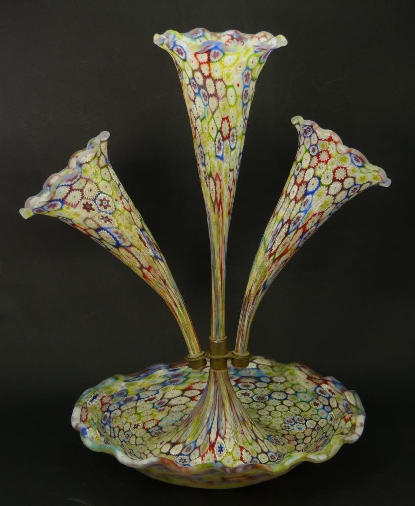 VINTAGE MILLEFIORI THREE FLUTE EPERGNE: Vintage Millefiori three flute epergne. Circa early to mid 20th century. Measures 17" (43.18cm) Height x 12" (30.48cm) Width. Total weight 2.8kg.