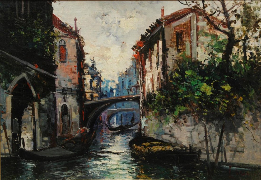OIL PAINTING ON CANVAS SUNSET IN VENICE: Oil painting on canvas Sunset In Venice. Signed illegibly to lower right. Dates from the early to mid 20th century. Measures approx 38" (96.52cm) Width x 27" (68.58cm) Height + 4" mat and frame. Total