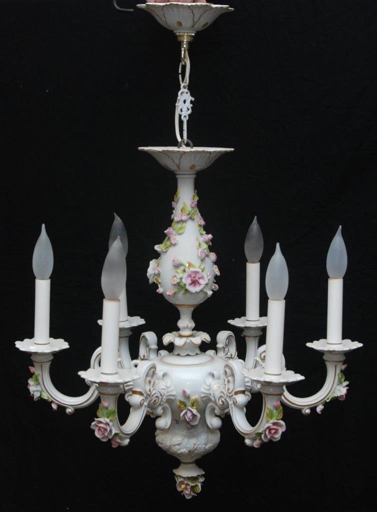 VINTAGE LARGE CAPODIMONTE CHANDELIER: This chandelier adorned the home of the Count & Countess for many years. This chandelier is porcelain with applied floral display. Measures 22" (55.88cm) Height. Total approx weight 20lbs. Provenance: