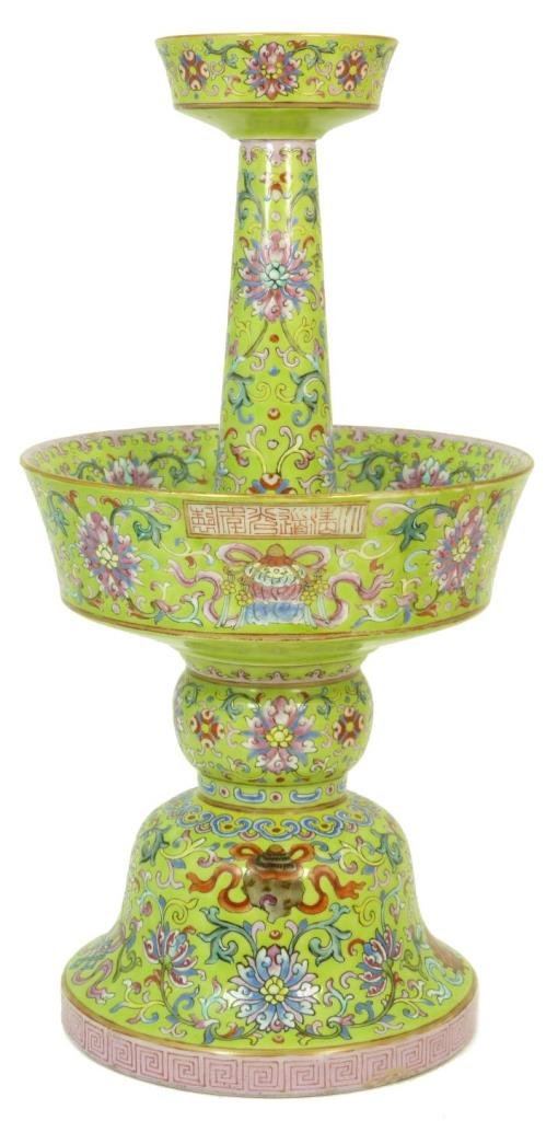 VINTAGE CHINESE FAMILLE ROSE EPERGNE: Vintage Chinese Famille Rose epergne over a pea green ground with a pink rimmed base. Measures approx 14 1/2" (36.83cm) Height. Total approx weight 2.27kg.