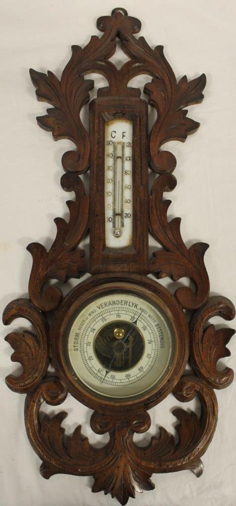 VINTAGE BLACK FOREST THERMOMETER/BAROMETER: Vintage black forest thermometer/barometer by the Veranderlyk Co. Mid century. Measures 18" (45.72cm) Length. Total weight 518g.
