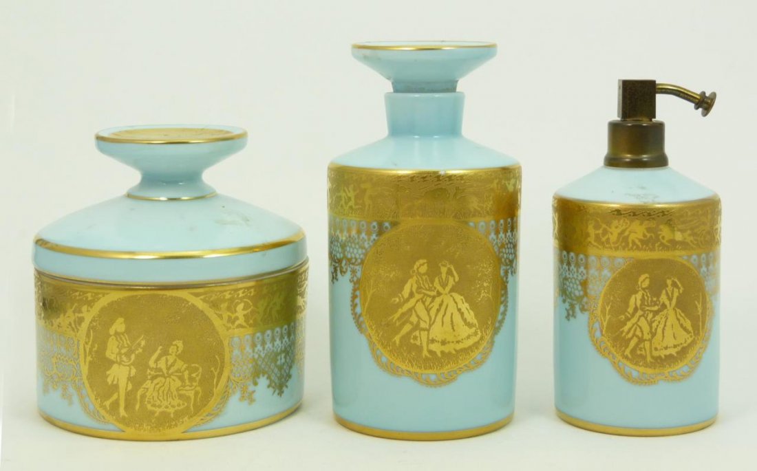 LOVELY 3 PIECE HAND PAINTED BOHEMIAN PERFUME SET: Three pieces of porcelain perfume set consisting of an atomizer, powder box and perfumer. Tallest measures approx 5 1/2" (13.97cm) Height. Each hand painted in a robins egg blue color with a gold silh