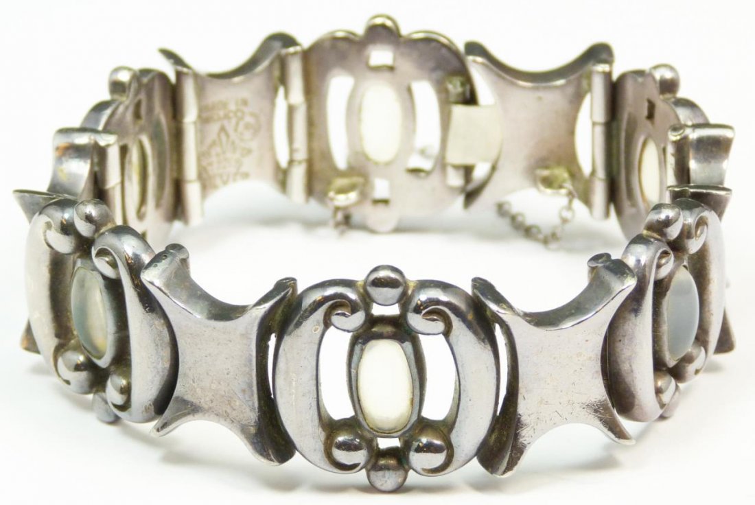 ANTONIO TAXCO MOON STONE & STERLING BRACELET: Antonio Taxco sterling silver bracelet with six oval moon stone inserts. By the important, mid century, Taxco artist Antonio Pineda. The most collectible artist of the Taxco time. Measures approx 7 1/