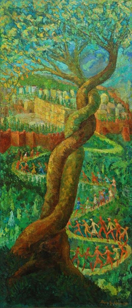 CHAIM GOLDBERG ORIGINAL OIL "O'JERUSALEM OF GOLD": Chaim Goldberg original oil painting on canvas titled "O' Jerusalem of Gold". Created in 1986 and offered by the family of Chaim Goldberg. This 1986 painting looks down on the Wailing Wall in Jerusale