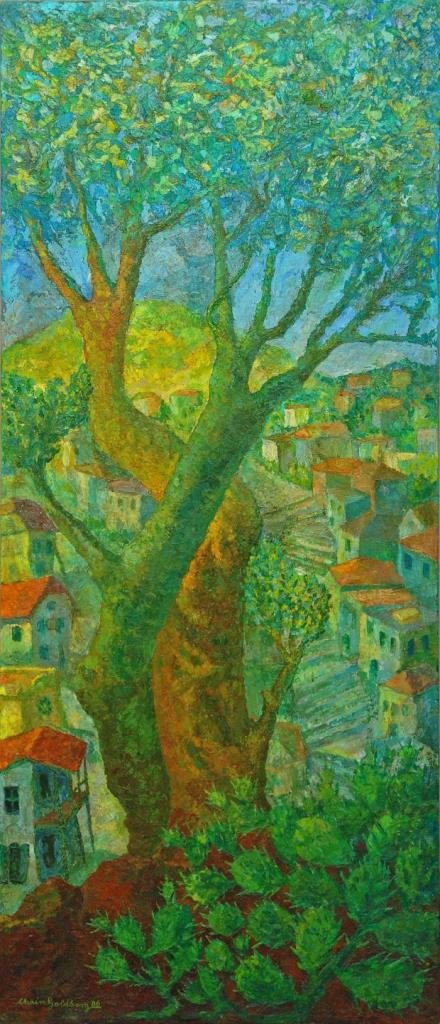 CHAIM GOLDBERG ORIGINAL OIL TITLED "TZFAT STAIRS": Chaim Goldberg original oil painting on canvas titled "Tzfat Stairs". Created in 1986 and offered by the family of Chaim Goldberg. This 1986 painting is of the Tzfat Stairs that overlooks Jerusalem. S