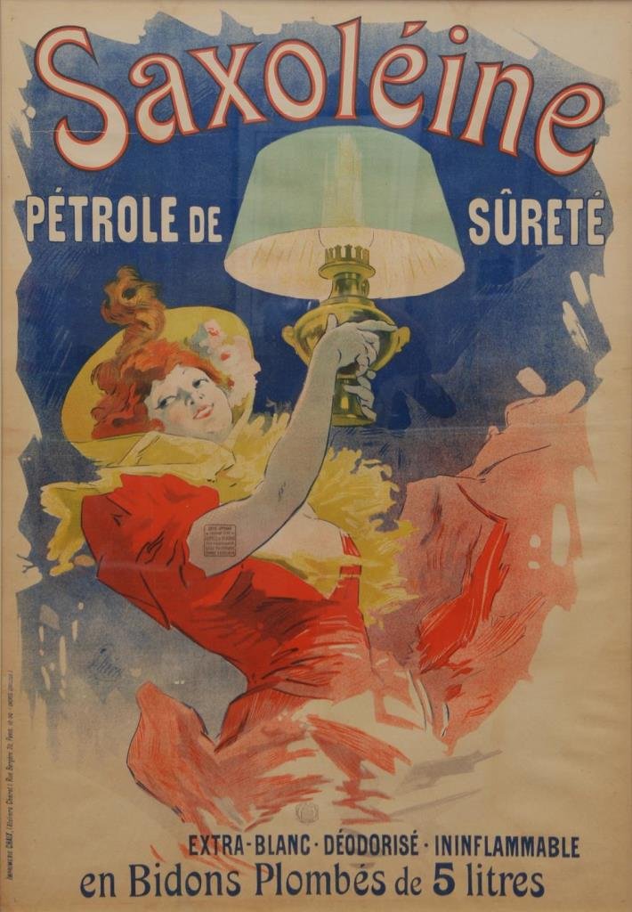 ATELIER CHERET 1920s FRENCH POSTER SAXOLEINE: 1920s French poster depicting a woman holding an oil lamp. Done by Jules Charet, the leading poster maker of the deco period in France. This original poster measures approx 32" (81.28cm) Width x 49" (