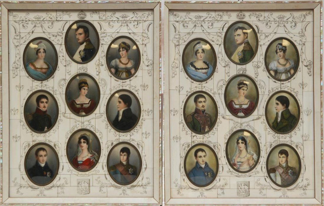 COLLECTION OF HAND PAINTED NAPOLEONIC MINIATURES: 19th century collection of two etched and abalone inlaid frames. Each with nine miniature portraits depicting members of Napoleon's family. Each portrait is individually signed. Each measures 3 1/2" (