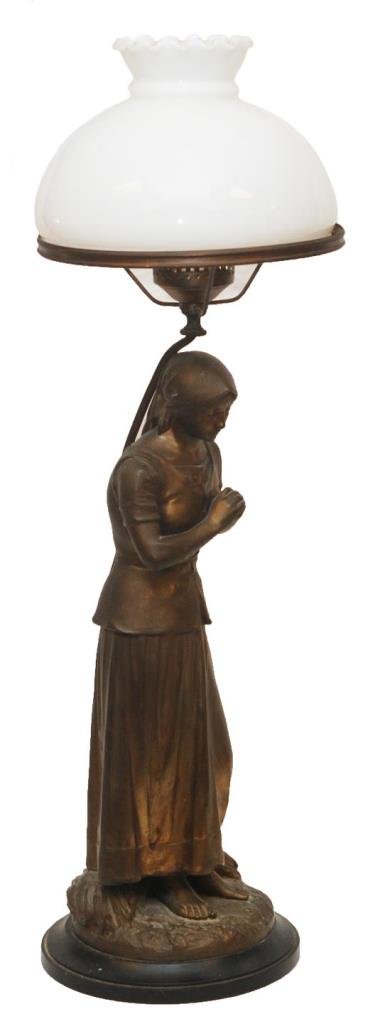 ANTIQUE FRENCH SPELTER LAMP OF A WOMAN: Signed J. Causse. Circa 20th century. Comes with a white glass shade. Measures approx 22" (55.88cm) Tall. Total approx weight 20lbs.