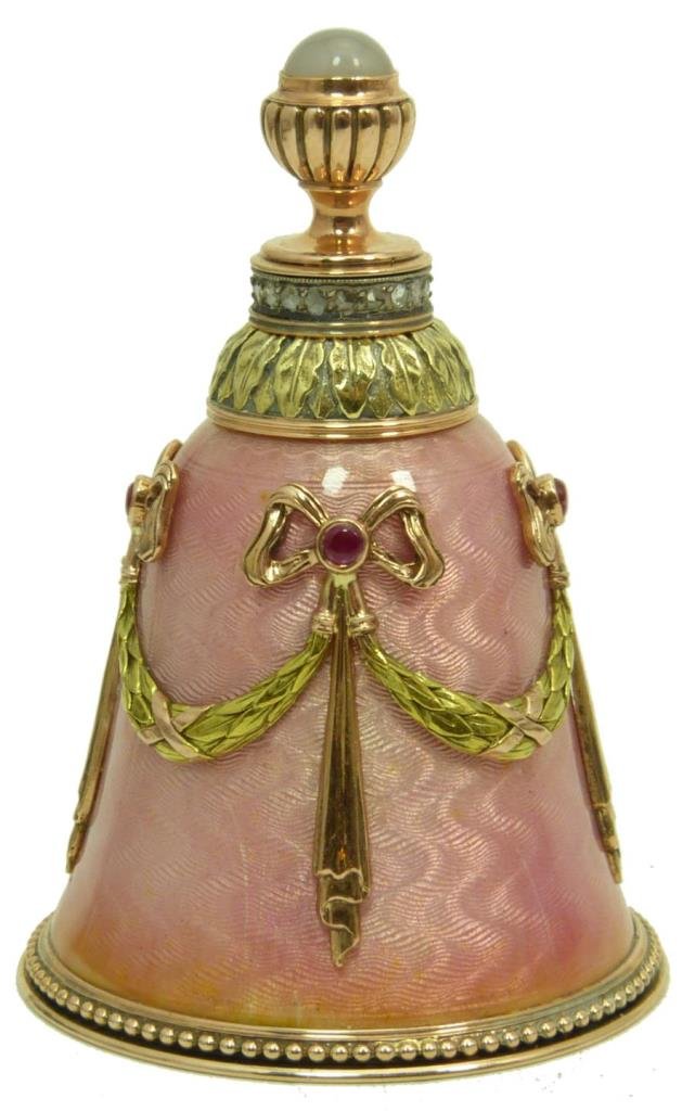 RUSSIAN GUILLOCHE & GOLD PERFUMER: Russian Guilloche and gold perfumer surrounded with gold & ruby. Bears the 56 Russian gold mark and a Faberge mark as well. Measures approx 2" (5.08cm) Height. Total approx weight 38.5dwt.