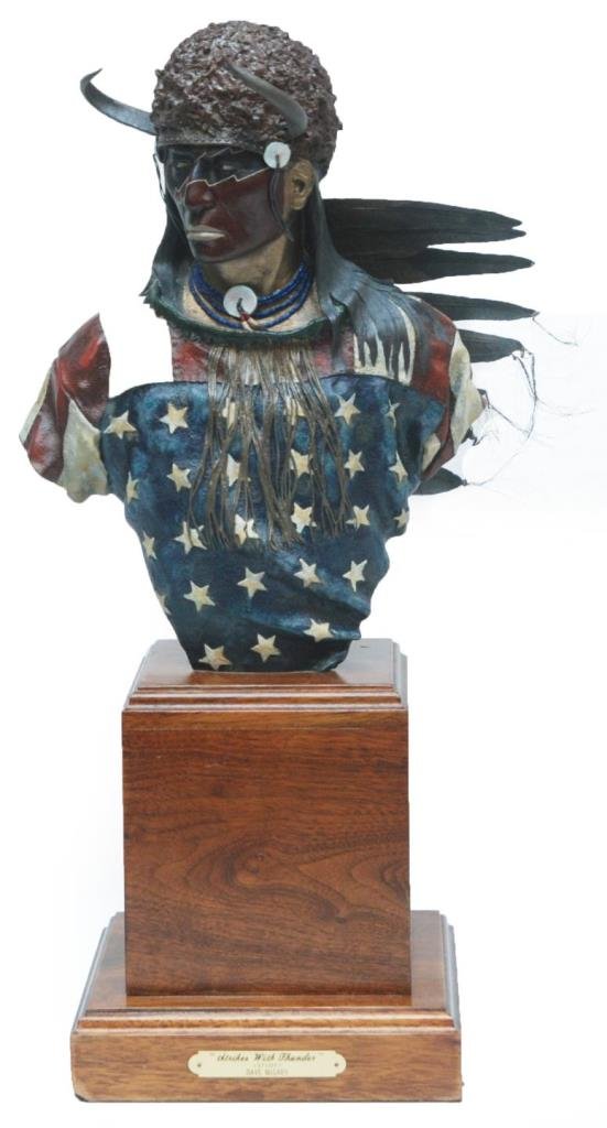 DAVE MCGARY "STRIKE WITH THUNDER" 74/102: Dave McGary bronze titled "Strike with Thunder" depicting an Indian chief. Produced in 1991. Bronze over lust wax sculpture. Comes with a certificate of authenticity. Measures approx 20 1/2" (52.07cm)
