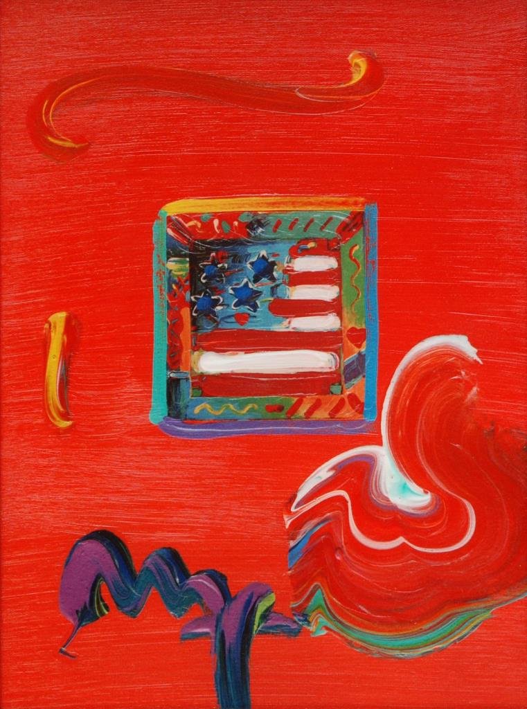 PETER MAX MIXED MEDIA OF THE U.S. FLAG: Measures approx 11" (27.94cm) Wide x 15 1/4" (38.74cm) Tall + 4" black lacquered frame. Total approx weight