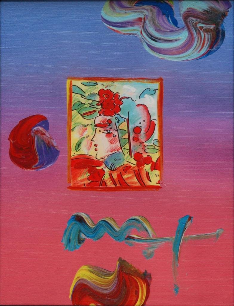 PETER MAX MIXED MEDIA ON CANVAS OF A DECO WOMAN: Signed Max to lower right. Measures approx 11 1/2" (29.21cm) Wide x 14 3/4" (37.465cm) Tall + a beautiful black acrylic 4" mat and frame. Total approx weight 2kg.