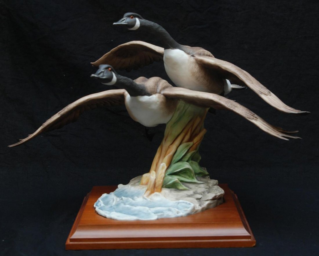 LARGE KAISER PORCELAIN FLYING CANADIAN GEESE: Measures approx 12" (30.48cm) Tall. Comes with fitted base. Total approx weight 8lbs.