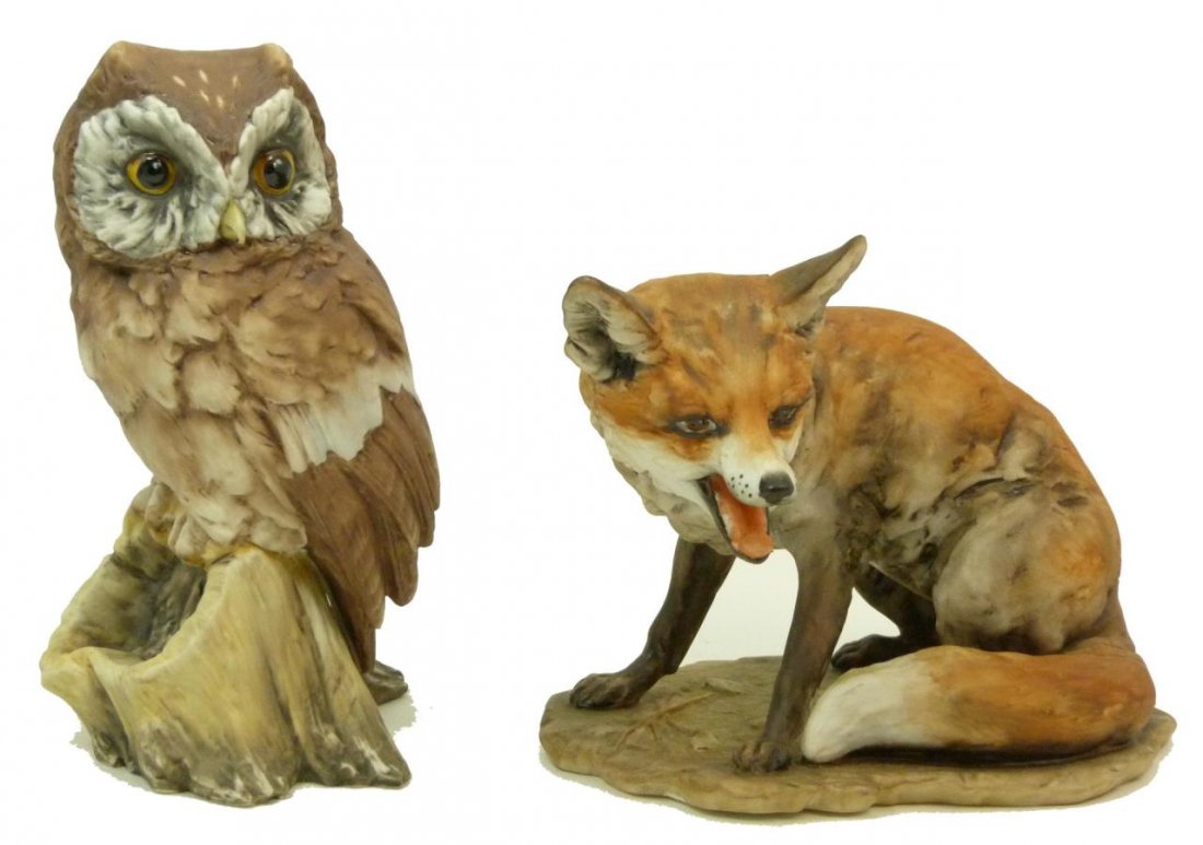 TWO KAISER HAND PAINTED PORCELAIN ANIMALS: One being a 4" (10.16cm) bushy tail fox and the other being a 5 1/2" (13.97cm) owl. Both signed Kaiser in blue to base. Total collective weight 600g.