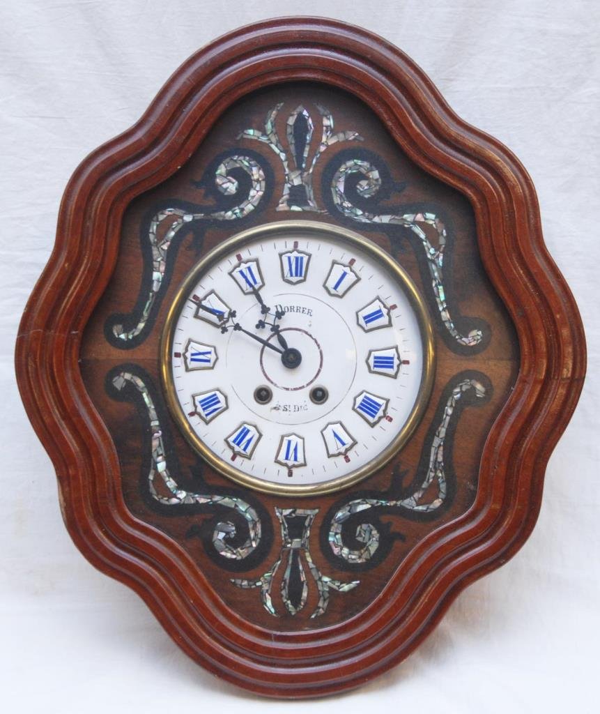 ANTIQUE FRENCH INLAID WALL CLOCK: Antique French inlaid wall clock from the Dorrer Co. Early 20th century. Measures approx 22" (55.88cm) Height x 18" (45.72cm) Width. Total approx weight 13lbs.