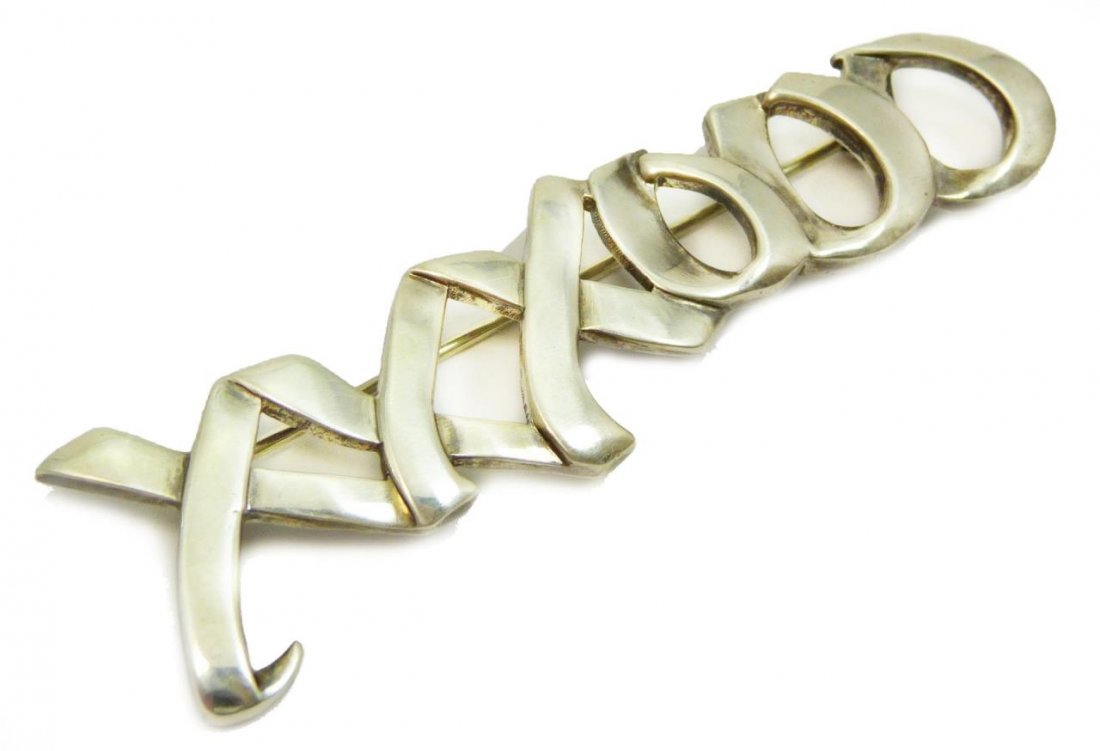 TIFFANY & CO. STERLING XO PIN BY PALOMA PICASSO: Measures 2 3/4" (6.99cm) Wide. Total weight 9g.
