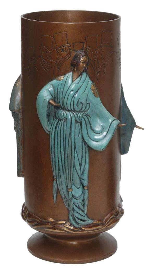 ROMAIN DE TIRTOFF ERTE "FANTASY" BRONZE VASE: Romain de Tirtoff (Russian, 1892-1990) bronze figure has three raised women in relief each wearing gilt accented robes. Measures 14" (35.56cm) Tall. Total approx weight 7kg.