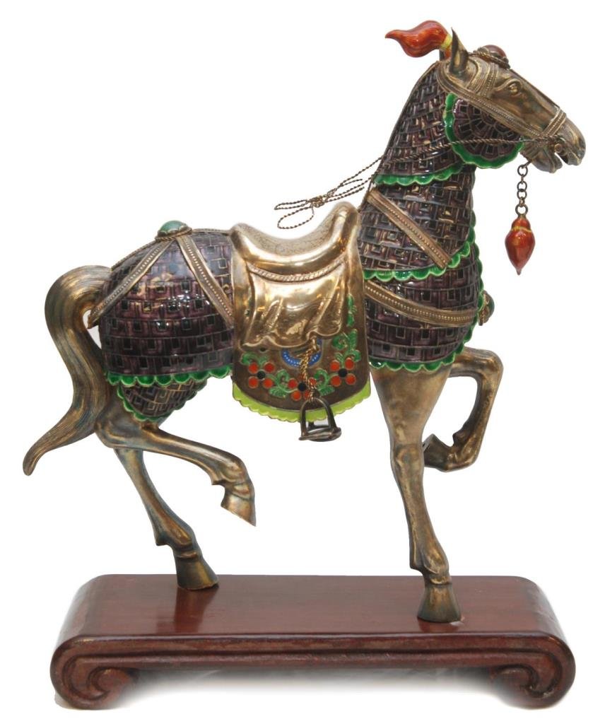 VINTAGE PURE STERLING SILVER PRANCING HORSE: Horse is decorated with enameled and gold stone sterling over a sterling silver base. Has carnelian gemstone to forehead. Measures 12" (30.48cm) Long x 11" (27.94cm) Tall. Sits on a fitted wooden base