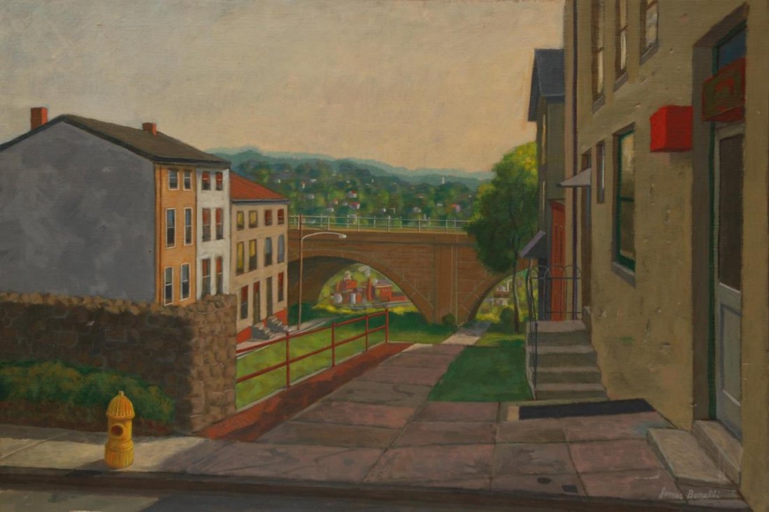 JAMES BONELLI "THE BRIDGE" OIL ON CANVAS: JAMES BONELLI "THE BRIDGE" OIL ON CANVAS James P. Bonelli (American 1916 - 2000) a Philadelphia artist who painted scenes of the city and its neighborhoods. 1985 Silver medal of honor. Depicting side