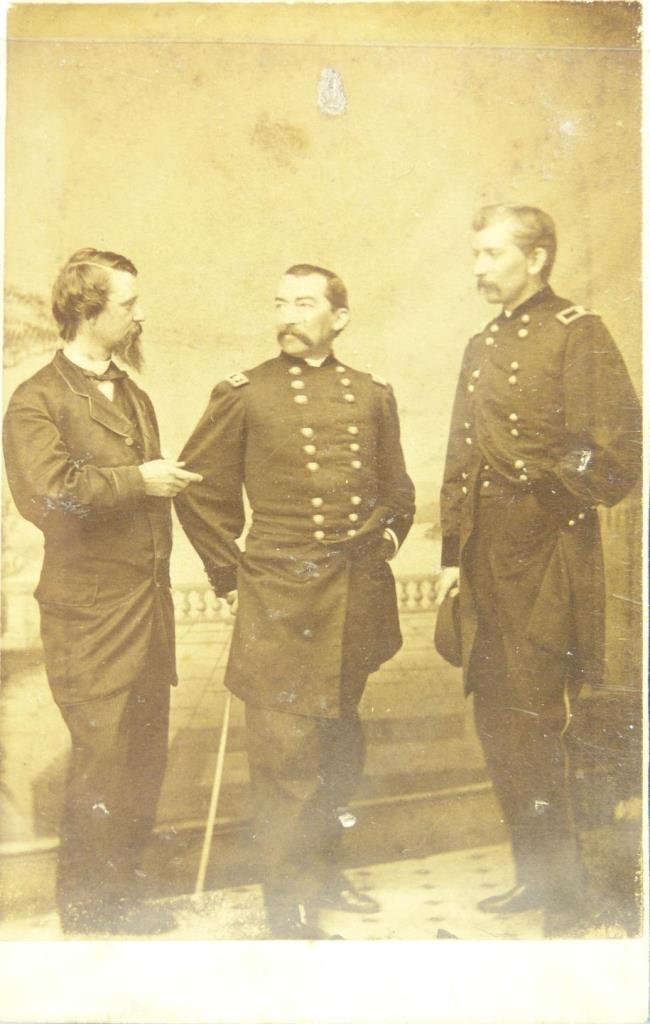 RARE PHOTOGRAPH OF THREE CIVIL WAR GENERALS: General Sheridan, General Terry and General Forsyth. Civil War period photograph by an unknown photographer, possible Matthew Brady. Dates to the early 1860s. Measures 2 1/2" x 4". Total weight 10g.