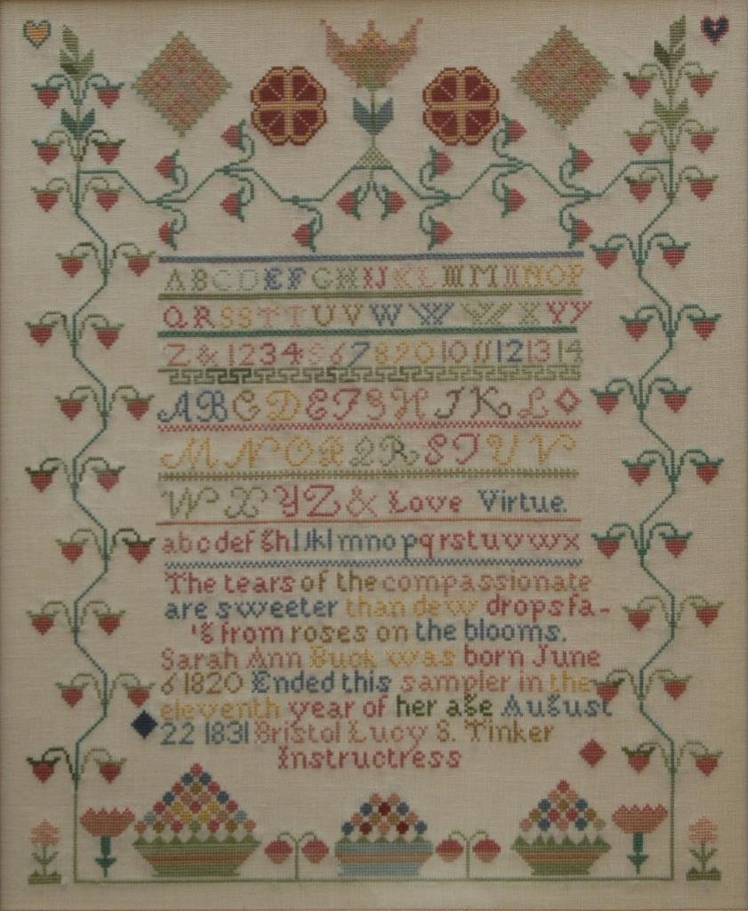 VINTAGE BEAUTIFULLY FRAMED HAND DONE SAMPLER: Sampler is embroidered with beautiful strawberries and abstract markings. Bears the date 1831. Measures 16" (40.64cm) Wide x 19" (48.26cm) Tall + 2" (5.08cm) frame. Total approx weight 2.02kg. From a 