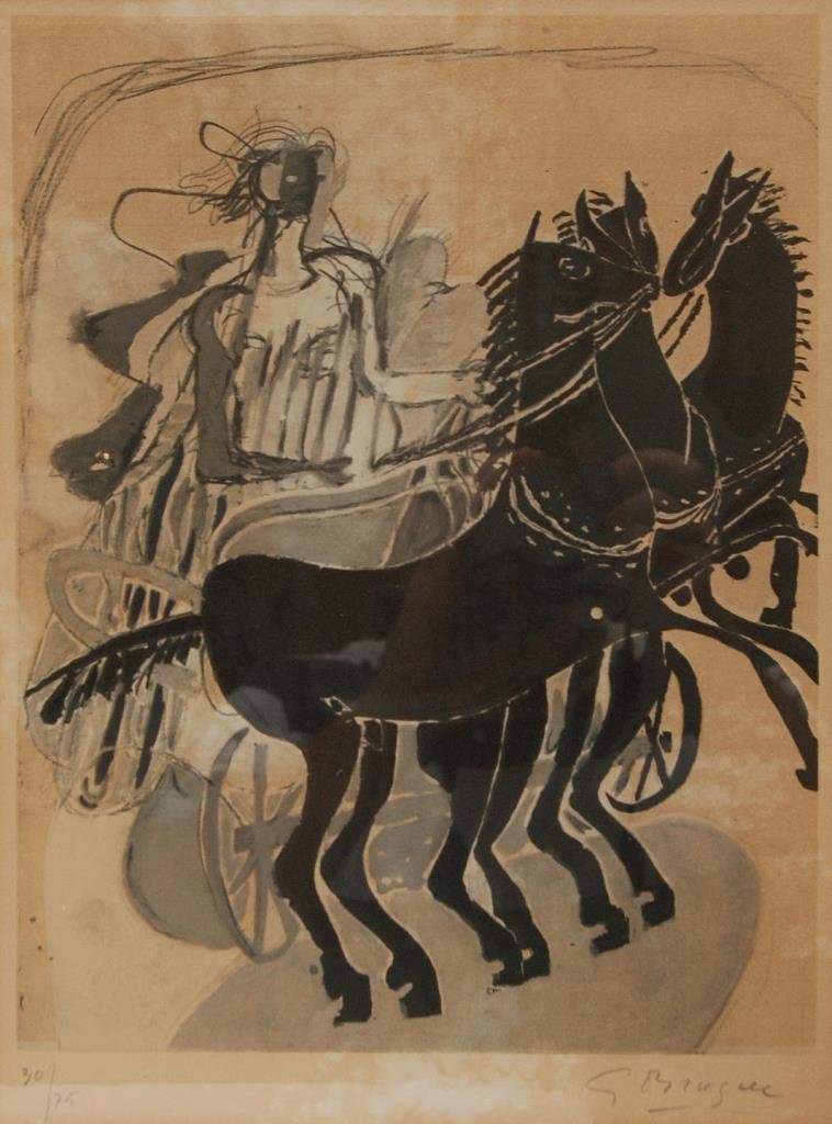 GEORGES BRAQUE LIMITED EDITION LITHOGRAPH: Depicting a cubist chariot and horse rider. Signed in pencil to lower right. Number 30/75. Measures 10" (25.4cm) Wide x 14" (35.56cm) Tall + 2" (5.08cm) mat and frame. Total weight 1.3kg.