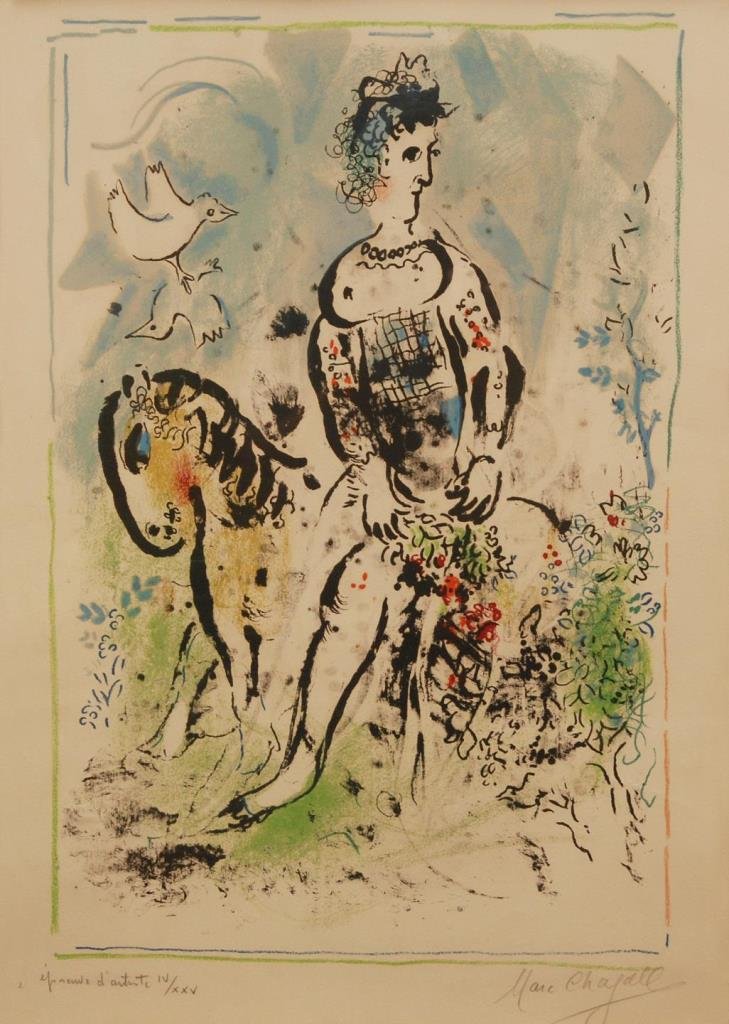 MARC CHAGALL ARTIST PROOF LITHO 'PIERROT LUNAIRE': Marc (Moishe Shagal) Chagall (RUSSIAN/FRENCH, 1887 - 1985) artist proof color lithograph titled 'Pierrot Lunaire' (M. 574), 1969. On arches wove paper. Signed in pencil to lower right. Inscribed and n