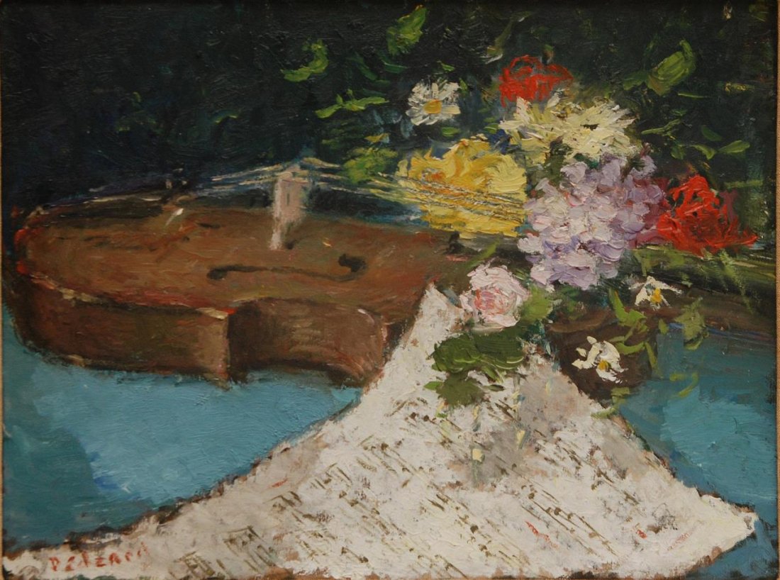 DIETZ EDZARD OIL STILL LIFE PAINTING ON CANVAS: Dietz Edzard (GERMANY/FRANCE, 1893 - 1963) original oil painting on canvas depicting a still life scene with flowers, violin and sheet music. Signed to lower left. Mounted in gilt wooden frame. Measur