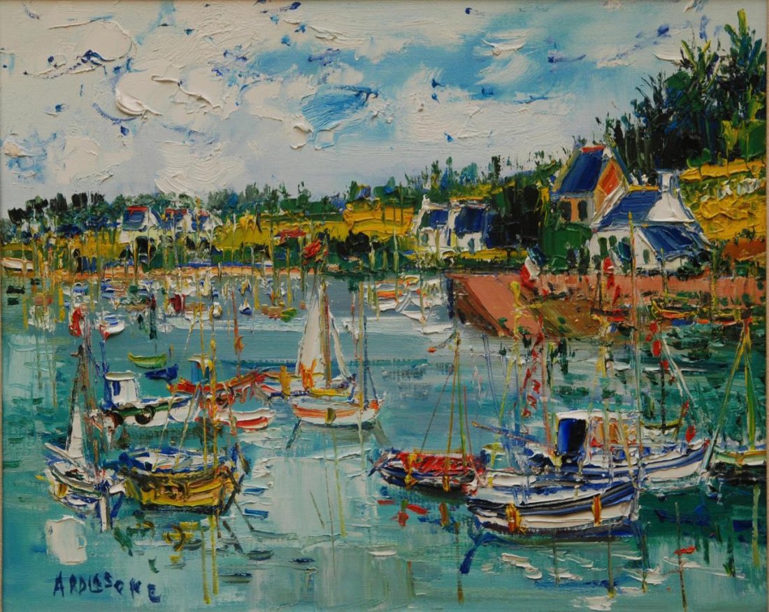YOLANDE ARDISSONE BOAT SCENE OIL ON CANVAS: Yolande Ardissone (FRENCH, 1927 - ) original oil painting on canvas depicting a landscape scene with boats. Signed 'ARDISSONE' to lower right. Mounted in wooden frame with matting. Measures approx. 17
