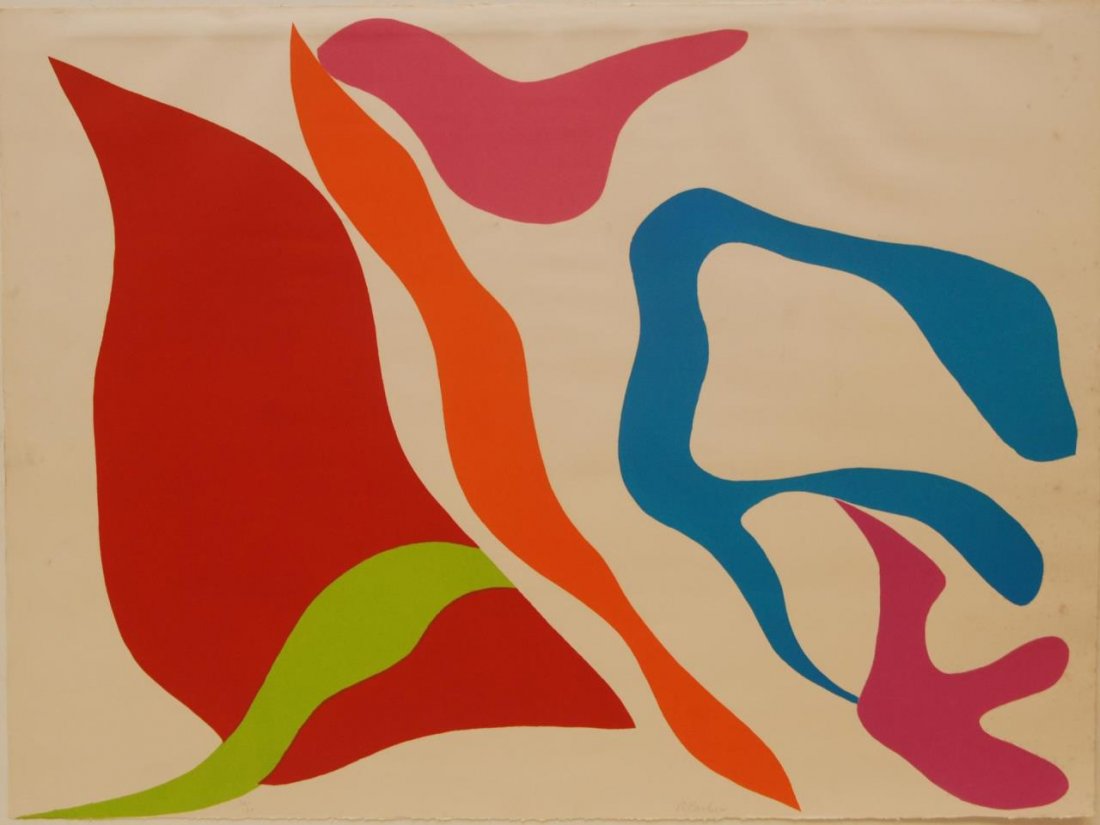 RAY PARKER PENCIL SIGNED LITHOGRAPH: Ray Parker (AMERICAN, 1922-1990) lithograph in color depicting an abstract design with red, green, orange, blue, pink and lavender. Embossed GP to lower left. Pencil signed 'R Parker' to lower right.