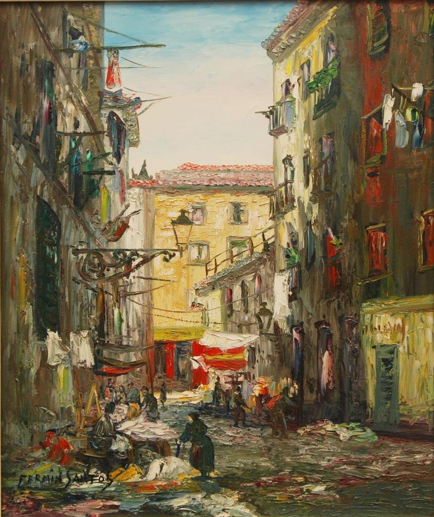 FERMIN SANTOS STREET SCENE OIL PAINTING ON CANVAS: Fermin Santos (SPANISH, 1909-1997) oil painting on canvas depicting an alleyway street scene. Signed to lower left. Verso titled and further signed 'Calle de la Chopa, Madrid Antiguo, Espana F. Santos