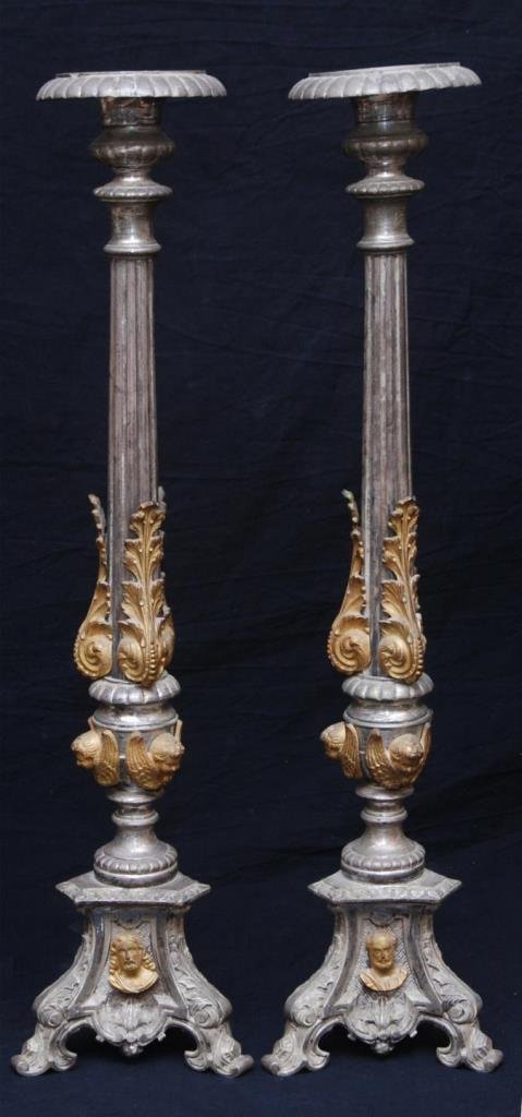 PR 19TH C BRONZE CONTINENTAL CANDLESTICKS: Extremely ornate with bust of Cesar. Circa 1880's. Measures 28" (71.12cm) Tall. Total weight 6.85kg. From a prominent Miami Beach Estate.