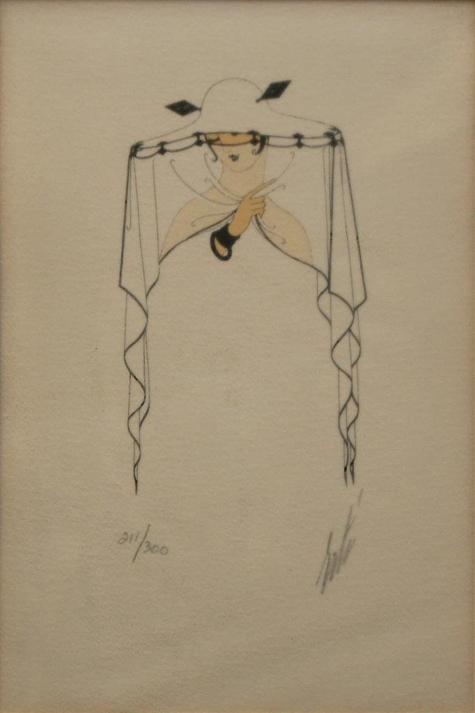 ERTE ROMAIN DE TIRTOFF RUSSIAN/AMERICAN SERIGRAPH: Erte Romain de Tirtoff (Russian/American) serigraph depicting a woman's bonnet and head. Limited edition 211/300 and pencil signed. Measures approx 6" (15.24cm) Width x 9 1/4" (23.5cm) Length + 3 1/2"